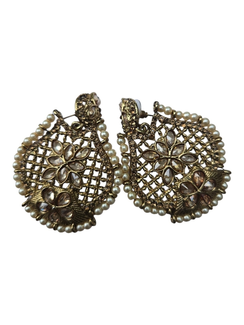 Antique Gold Tone Faux Pearl Indian  Statement Earrings